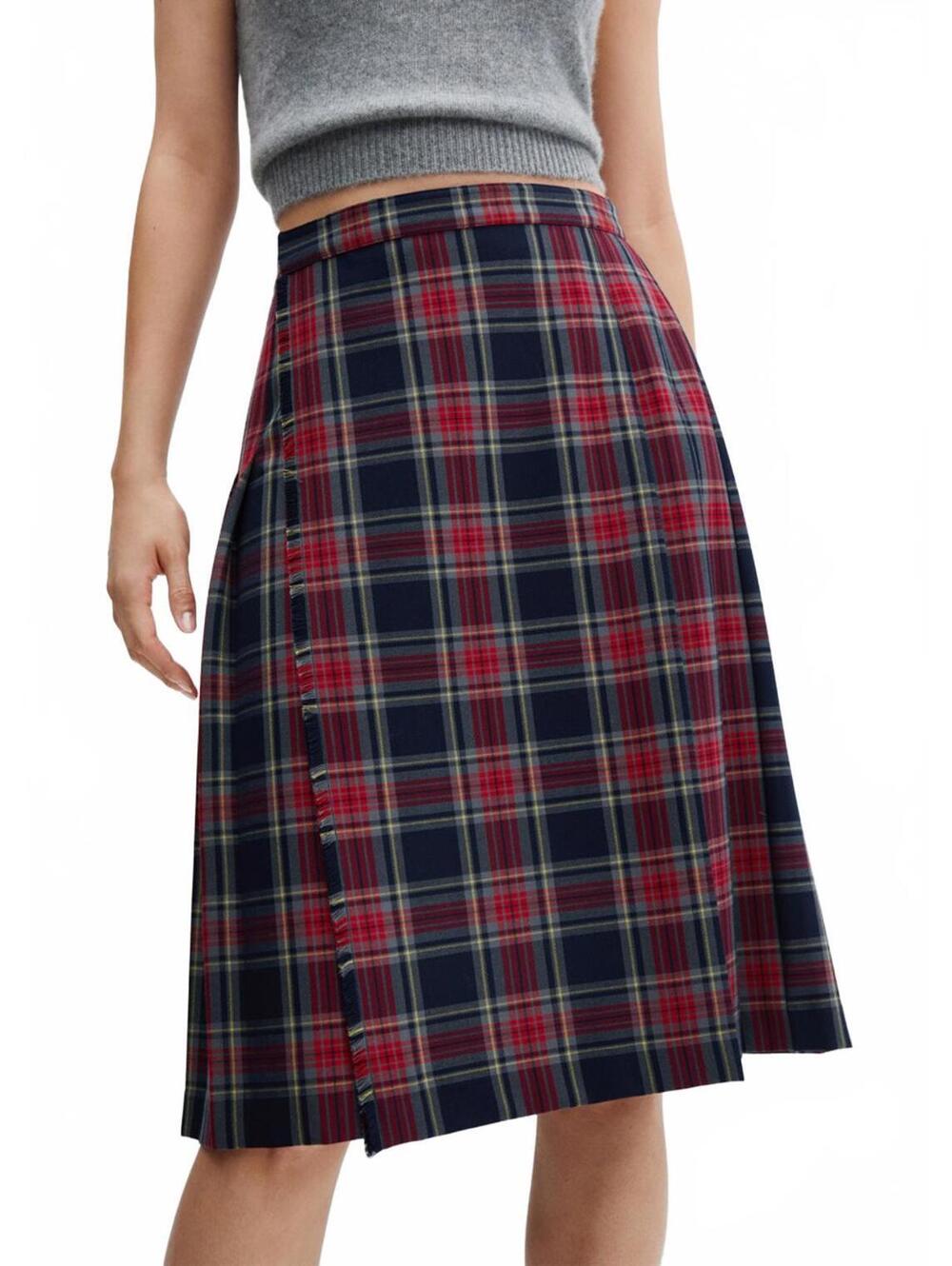Mango Pleated Midi-Skirt NWT Red Blue Plaid Size Small